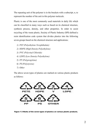2
The repeating unit of the polymer is in the brackets with a subscript, n, to
represent the number of the unit in this polymer molecule.
Plastic is one of the most commonly used materials in daily life which
can be classified in many ways such as based on its chemical structure,
synthesis process, density, and other properties. In order to assist
recycling of the waste plastic, Society of Plastic Industry (SPI) defined a
resin identification code system that divides plastics into the following
seven groups based on the chemical structure and applications:
1) PET (Polyethylene Terephthalate)
2) HDPE (High Density Polyethylene)
3) PVC (Polyvinyl Chloride)
4) LDPE (Low Density Polyethylene)
5) PP (Polypropylene)
6) PS (Polystyrene)
7) Other
The above seven types of plastics are marked on various plastic products
as follows:
Figure 1-3 Marks of the seven types of plastics on various plastic products.
 