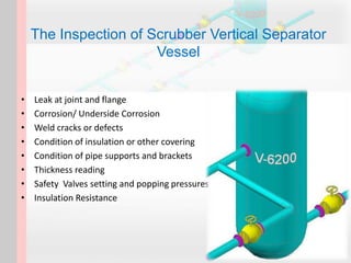 The Inspection of Scrubber Vertical Separator
Vessel
• Leak at joint and flange
• Corrosion/ Underside Corrosion
• Weld cracks or defects
• Condition of insulation or other covering
• Condition of pipe supports and brackets
• Thickness reading
• Safety Valves setting and popping pressures
• Insulation Resistance
 