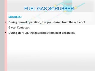 SOURCES :
• During normal operation, the gas is taken from the outlet of
Glycol Contactor.
• During start-up, the gas comes from Inlet Separator.
FUEL GAS SCRUBBER
 