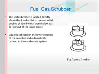 Fuel Gas Scrubber
• The vortex breaker is located directly
above the liquid outlet to prevent whirl
pooling of liquid which would allow gas
to flow out of the liquid outlet.
• Liquid is collected in the lower chamber
of the scrubber and automatically
drained to the condensate system.
Fig. Vortex Breaker
 