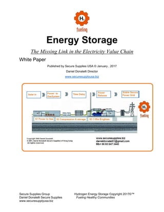 Secure Supplies Group Hydrogen Energy Storage Copyright 2017©™
Daniel Donatelli Secure Supplies Fueling Healthy Communities
www.securesupplyusa.biz
Energy Storage
The Missing Link in the Electricity Value Chain
White Paper
Published by Secure Supplies USA © January , 2017
Daniel Donatelli Director
www.securesupplyusa.biz
 