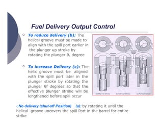 Fuel Delivery Output Control
 To reduce delivery (b): The
helical groove must be made to
align with the spill port earlier in
the plunger up stroke by
rotating the plunger θh degree
 To increase Delivery (c): The
helix groove must be aligned
with the spill port later in the
plunger stroke by rotating the
plunger θf degrees so that the
effective plunger stroke will be
lengthened before spill occur
oNo delivery (shut-off Position) (a): by rotating it until the
helical groove uncovers the spill Port in the barrel for entire
strike
 