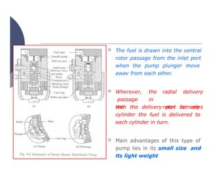  The fuel is drawn into the central
rotor passage from the inlet port
when the pump plunger move
away from each other.
 Wherever, the
passage in
the
radial
rotor
delivery
coincides
with the delivery port for any
cylinder the fuel is delivered to
each cylinder in turn.
 Main advantages of this type of
pump lies in its small size and
its light weight
 