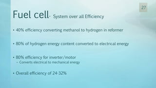 • 40% efficiency converting methanol to hydrogen in reformer
• 80% of hydrogen energy content converted to electrical energy
• 80% efficiency for inverter/motor
– Converts electrical to mechanical energy
• Overall efficiency of 24-32%
Fuel cell- System over all Efficiency
27
 