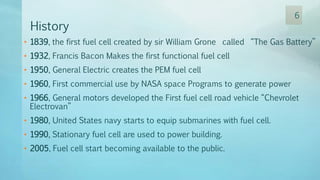 History
• 1839, the first fuel cell created by sir William Grone called “The Gas Battery”
• 1932, Francis Bacon Makes the first functional fuel cell
• 1950, General Electric creates the PEM fuel cell
• 1960, First commercial use by NASA space Programs to generate power
• 1966, General motors developed the First fuel cell road vehicle “Chevrolet
Electrovan”
• 1980, United States navy starts to equip submarines with fuel cell.
• 1990, Stationary fuel cell are used to power building.
• 2005, Fuel cell start becoming available to the public.
6
 