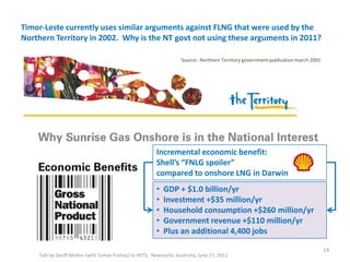 Timor-Leste currently uses similar arguments against FLNG that were used by the
Northern Territory in 2002. Why is the NT govt not using these arguments in 2011?
Talk by Geoff McKee (with Tomas Freitas) to HETS, Newcastle, Australia, June 17, 2011
14
• GDP + $1.0 billion/yr
• Investment +$35 million/yr
• Household consumption +$260 million/yr
• Government revenue +$110 million/yr
• Plus an additional 4,400 jobs
Incremental economic benefit:
Shell’s “FNLG spoiler”
compared to onshore LNG in Darwin
Source: Northern Territory government publication march 2001
 