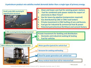 A petroleum product mix satisfies market demands better than a single type of primary energy.
Talk by Geoff McKee (with Tomas Freitas) to HETS, Newcastle, Australia, June 17, 2011
37* We assume
Small-scale LNG receiving &
regasification terminal
LPG receiving & distribution terminal
Mini-refinery for processing condensate
Heavy residual stock (fuel oil) for industrial fuel
Kerosene for cooking and heating
Diesel for power generation and vehicle fuel
Motor gasoline (petrol) for vehicle fuel
1. Clean and lower cost fuel for existing power stations
2. Fuel for combined cycle power station for export of
electricity to West Timor?
3. Gas for towns by pipeline (compression required)
4. Gas distributed by LNG or CNG road tankers
5. Private investment in CNG fuelling of cars and busses.
6. Fuel gas for industrial & commercial heat & power
7. Potential petrochemical (fertilizer) and cement factory
Private investment for bottling and distribution
1. Domestic and industrial cooking & heating
2. Fuel for vehicles
 