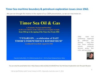 Timor Sea maritime boundary & petroleum exploration issues since 1962.
Talk by Geoff McKee (with Tomas Freitas) to HETS, Newcastle, Australia, June 17, 2011
5
You can view the presentation here: http://www.scribd.com/doc/11534105/Timor-Sea-Petroleum-Exploration-over-the-past-40-years-
We just ran through this history in the repeat of our 2004 presentation, so we can now move on.
2004 town hall
conference organised
by Jefferson Lee
(below) - long time
East Timor solidarity
activist, university
lecturer, writer, film
critic, and taxi driver.
 