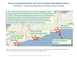 Timor-Leste planning work - for Sunrise onshore LNG export insustry.
“Tasi Mane” south coast petroleum infrastructure corr...
