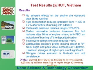Fuel Nano-Additive
Technology
Test Results @ HUT, Vietnam
Results
 No adverse effects on the engine are observed
after 56hrs running
 Fuel consumption reduces gradually from ~1.5% to
7.7% after 56hrs of running with additive
 Particulate emission reduces ranges 10%-20%
 Carbon monoxide emission increases first but
reduces after 20hrs of engine running with FBC; an
indicative of burning off the deposited carbon
 Total hydro-carbon emission reduces >10%
 Combustion pressure profile moving closer to 0th
-
crank angle and peak value increases at 1,400rpm.
However, changes at higher rpm is not significant.
 Nitrogen oxides emission is fluctuate and not
consistence
Notes: Current diesel engine is designed to be very efficient.
Effective of additive depending on engine design & operating
condition
 