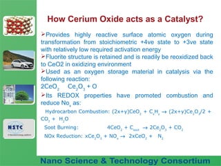 Fuel Nano-Additive
Technology
How Cerium Oxide acts as a Catalyst?
Provides highly reactive surface atomic oxygen during
transformation from stoichiometric +4ve state to +3ve state
with relatively low required activation energy
Fluorite structure is retained and is readily be reoxidized back
to CeO2 in oxidizing environment
Used as an oxygen storage material in catalysis via the
following reaction:
2CeO2
Ce2
O3
+ O
Its REDOX properties have promoted combustion and
reduce Nox
as:
Hydrocarbon Combustion: (2x+y)CeO2
+ Cx
Hy
→ (2x+y)Ce2
O3
/2 +
CO2
+ H2
O
Soot Burning: 4CeO2
+ Csoot
→ 2Ce2
O3
+ CO2
NOx Reduction: xCe2
O3
+ NOx
→ 2xCeO2
+ N2
 