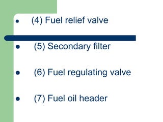  (4) Fuel relief valve
 (5) Secondary filter
 (6) Fuel regulating valve
 (7) Fuel oil header
 
