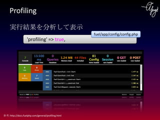 Profiling

     実行結果を分析して表示
                                                     fuel/app/config/config.php
              ...