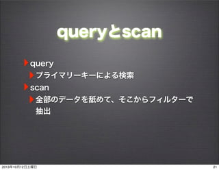 queryとscan
‣query
‣プライマリーキーによる検索
‣scan
‣全部のデータを舐めて、そこからフィルターで
抽出
212013年10月12日土曜日
 