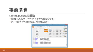 事前準備
ApacheとMySQLを起動
◦ xamppのコントロールパネルから起動させる
◦ ポート80を使うのでSkypeと競合します
13
 