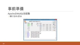 事前準備
ApacheとMySQLを起動
◦ 緑になればOK
14
 
