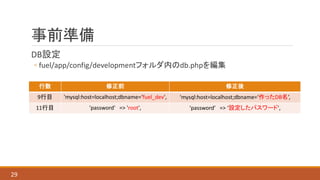 事前準備
DB設定
◦ fuel/app/config/developmentフォルダ内のdb.phpを編集
29
行数 修正前 修正後
9行目 'mysql:host=localhost;dbname=‘fuel_dev', ‘mysql:host=localhost;dbname=‘作ったDB名’,
11行目 'password' => 'root', ‘password’ => ‘設定したパスワード',
 