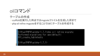 oilコマンド
テーブルの作成
◦ scaffoldを実行した時点ではmygrateファイルを生成した所まで
◦ php oil refine mygrateをすることでDBにテーブルを作成する
35
 