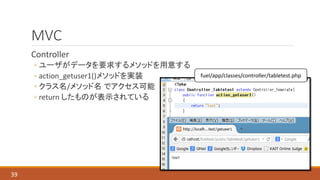 MVC
Controller
◦ ユーザがデータを要求するメソッドを用意する
◦ action_getuser1()メソッドを実装
◦ クラス名/メソッド名 でアクセス可能
◦ return したものが表示されている
39
fuel/app/classes/controller/tabletest.php
 