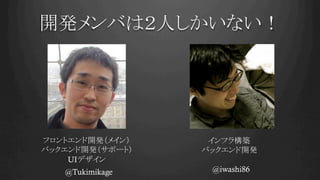 開発メンバは２人しかいない！	
フロントエンド開発（メイン）
バックエンド開発（サポート）
UIデザイン
インフラ構築
バックエンド開発
@iwashi86@Tukimikage
 