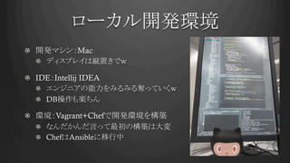 ローカル開発環境	
!   開発マシン：Mac
!   ディスプレイは縦置きでｗ
!   IDE：Intellij IDEA
!   エンジニアの能力をみるみる奪っていくｗ
!   DB操作も楽ちん
!   環境：Vagrant+Chefで開発環境を構築
!   なんだかんだ言って最初の構築は大変
!   ChefはAnsibleに移行中
 