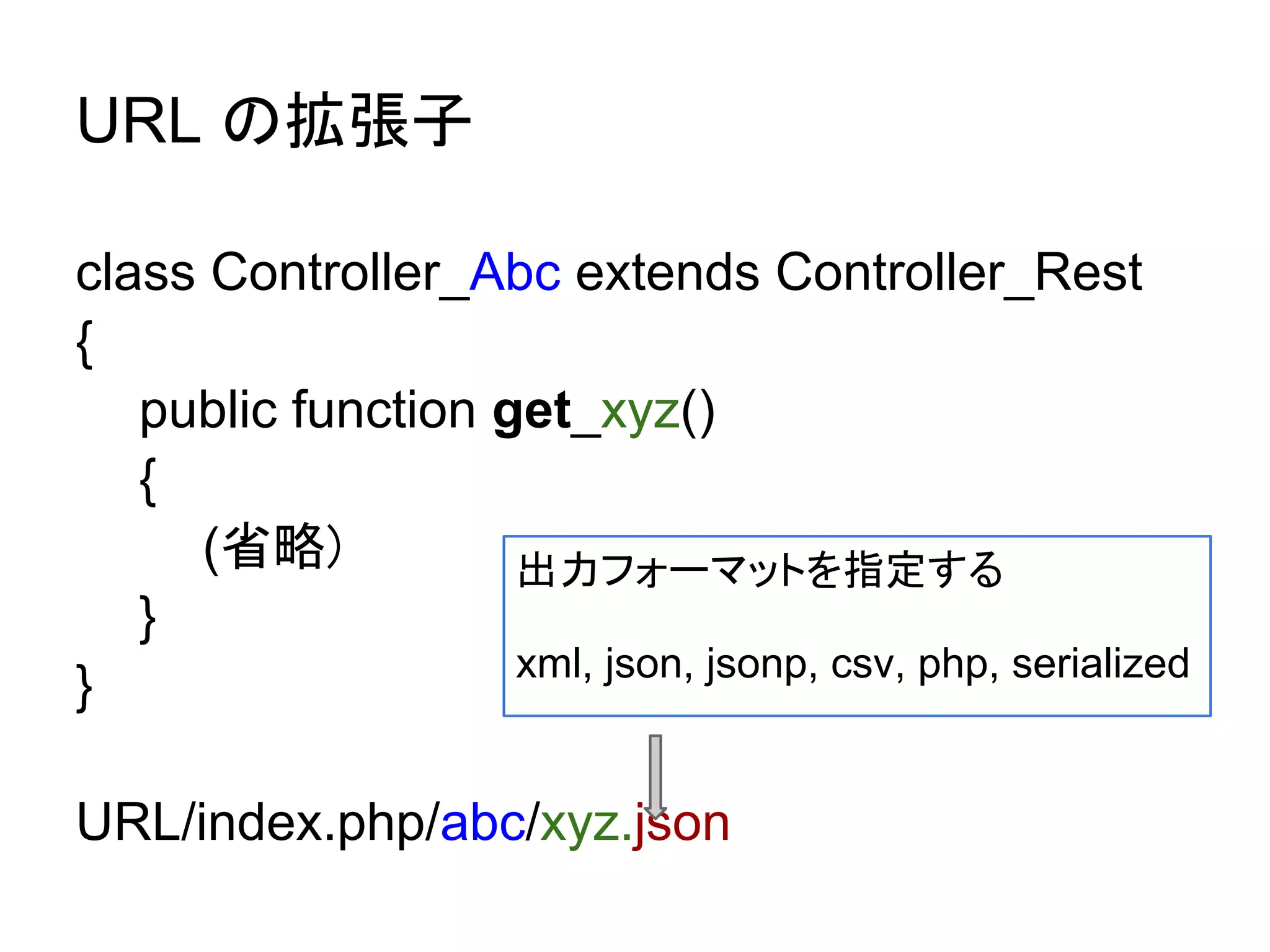 URL の拡張子

class Controller_Abc extends Controller_Rest
{
   public function get_xyz()
   {
     (省略)           出力フォーマットを指定する
   }
                    xml, json, jsonp, csv, php, serialized
}

URL/index.php/abc/xyz.json
 