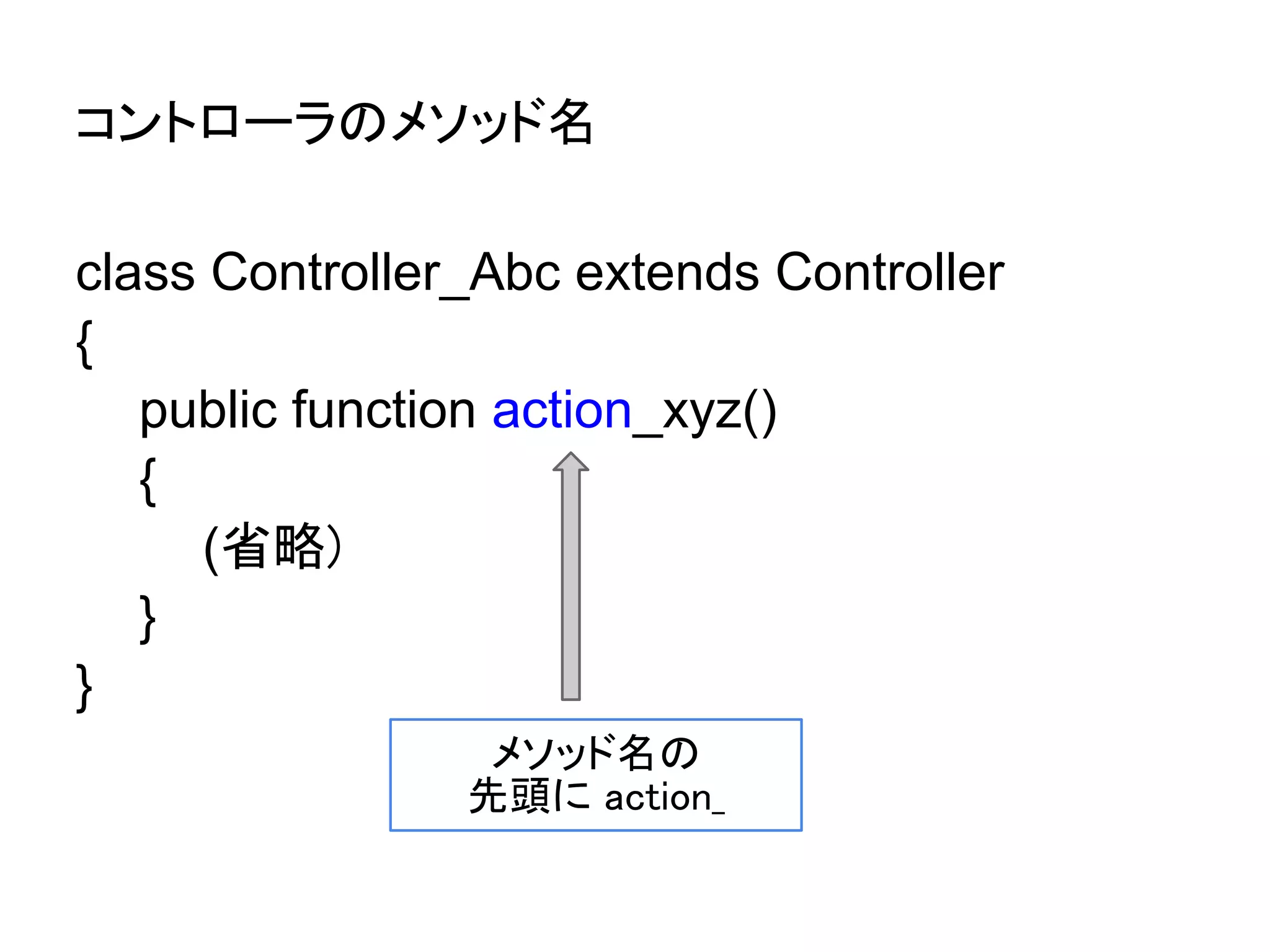 コントローラのメソッド名

class Controller_Abc extends Controller
{
   public function action_xyz()
   {
     (省略)
   }
}
                 メソッド名の
                先頭に action_
 