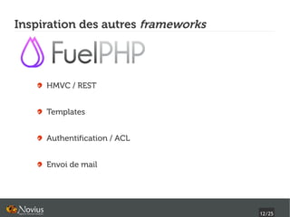 Inspiration des autres frameworks




     HMVC / REST


     Templates


     Authentification / ACL


     Envoi de mail




                                    12/25
 