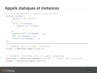 Appels statiques et instances
// Configuration : ~/config/session.php
return array(
    'driver' => 'file',
    // ...
    'file' => array(
        'path' => '/tmp',
        // ...
    ),
    'memcached' => array(...),
    'db' => array(...),
    'redis' => array(...),
);
--------------------------------------------------------------
// Exemple avec un appel statique
$user = Session::get('user');


// Exemple identique avec un appel dynamique
$session = Session::forge('file'); // 'file' est le driver
$user = $session->get('user');



                                                             17/25
 