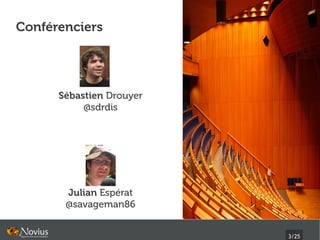 Conférenciers




      Sébastien Drouyer
           @sdrdis




       Julian Espérat
       @savageman86


                          3/25
 