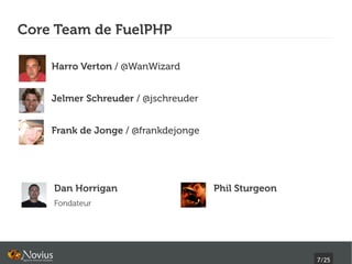 Core Team de FuelPHP

    Harro Verton / @WanWizard


    Jelmer Schreuder / @jschreuder


    Frank de Jonge / @frankdejonge




    Dan Horrigan                     Phil Sturgeon
    Fondateur




                                                     7/25
 