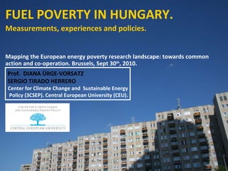 FUEL POVERTY IN HUNGARY. Measurements, experiences and policies. Mapping the European energy poverty research landscape: towards common action and co-operation. Brussels, Sept 30 th , 2010. Prof.  DIANA ÜRGE-VORSATZ SERGIO TIRADO HERRERO Center for Climate Change and  Sustainable Energy Policy (3CSEP). Central European University (CEU). 