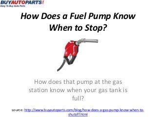 How Does a Fuel Pump Know
         When to Stop?




           How does that pump at the gas
         station know when your gas tank is
                       full?
source: http://www.buyautoparts.com/blog/how-does-a-gas-pump-know-when-to-
                                 shutoff.html
 