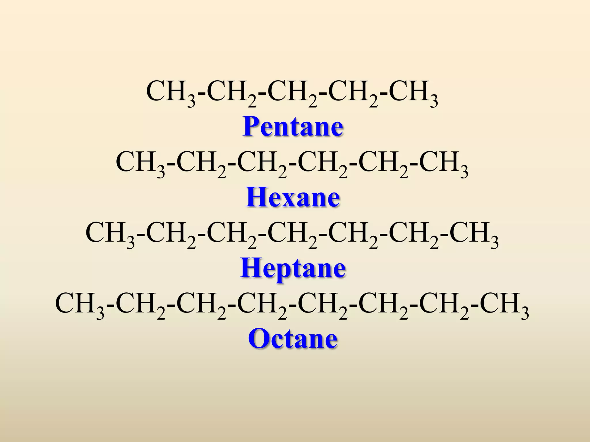 CH3-CH2-CH2-CH2-CH3
            Pentane
    CH3-CH2-CH2-CH2-CH2-CH3
            Hexane
  CH3-CH2-CH2-CH2-CH2-CH2-CH3
            Heptane
CH3-CH2-CH2-CH2-CH2-CH2-CH2-CH3
             Octane
 