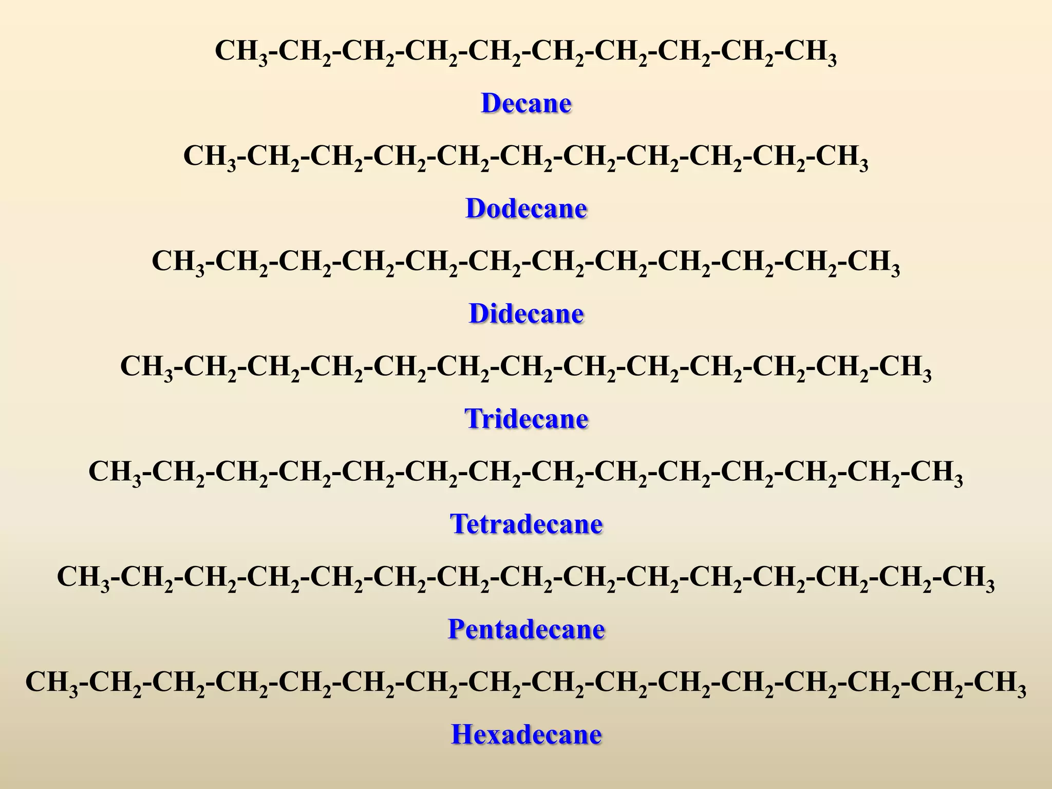 CH3-CH2-CH2-CH2-CH2-CH2-CH2-CH2-CH2-CH3
                            Decane
         CH3-CH2-CH2-CH2-CH2-CH2-CH2-CH2-CH2-CH2-CH3
                           Dodecane
       CH3-CH2-CH2-CH2-CH2-CH2-CH2-CH2-CH2-CH2-CH2-CH3
                           Didecane
     CH3-CH2-CH2-CH2-CH2-CH2-CH2-CH2-CH2-CH2-CH2-CH2-CH3
                           Tridecane
   CH3-CH2-CH2-CH2-CH2-CH2-CH2-CH2-CH2-CH2-CH2-CH2-CH2-CH3
                          Tetradecane
 CH3-CH2-CH2-CH2-CH2-CH2-CH2-CH2-CH2-CH2-CH2-CH2-CH2-CH2-CH3
                          Pentadecane
CH3-CH2-CH2-CH2-CH2-CH2-CH2-CH2-CH2-CH2-CH2-CH2-CH2-CH2-CH2-CH3
                          Hexadecane
 