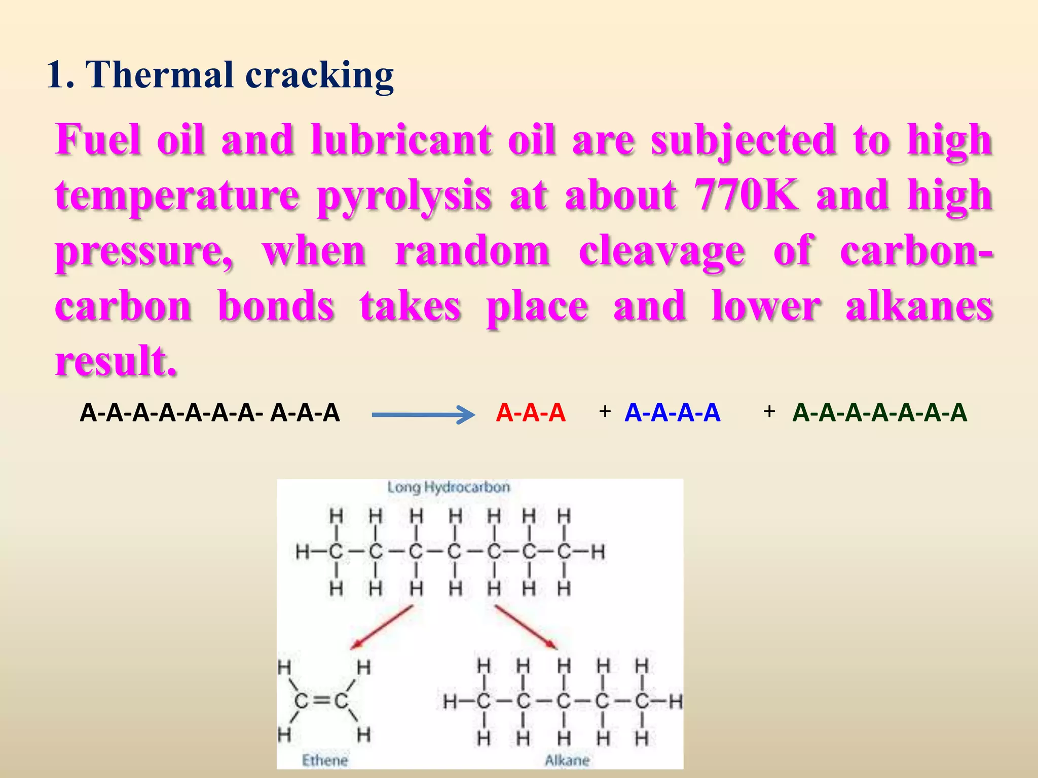 1. Thermal cracking
Fuel oil and lubricant oil are subjected to high
temperature pyrolysis at about 770K and high
pressure, when random cleavage of carbon-
carbon bonds takes place and lower alkanes
result.
 A-A-A-A-A-A-A- A-A-A   A-A-A   + A-A-A-A   + A-A-A-A-A-A-A
 