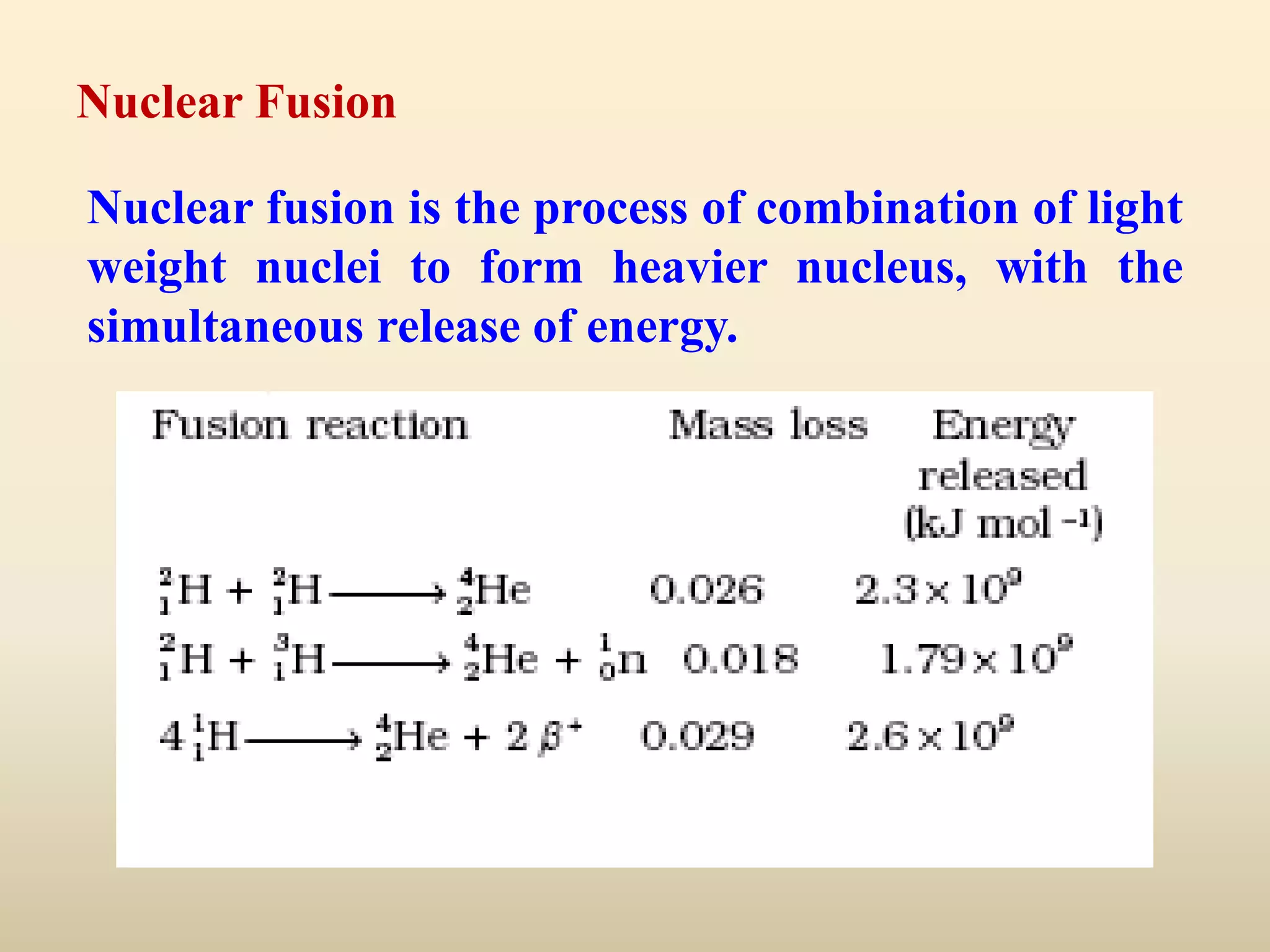 Nuclear Fusion

Nuclear fusion is the process of combination of light
weight nuclei to form heavier nucleus, with the
simultaneous release of energy.
 