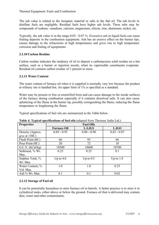 Thermal Equipment: Fuels and Combustion
Energy Efficiency Guide for Industry in Asia –www.energyefficiencyasia.org ©UNEP 4
The ash value is related to the inorganic material or salts in the fuel oil. The ash levels in
distillate fuels are negligible. Residual fuels have higher ash levels. These salts may be
compounds of sodium, vanadium, calcium, magnesium, silicon, iron, aluminum, nickel, etc.
Typically, the ash value is in the range 0.03 - 0.07 %. Excessive ash in liquid fuels can cause
fouling deposits in the combustion equipment. Ash has an erosive effect on the burner tips,
causes damage to the refractories at high temperatures and gives rise to high temperature
corrosion and fouling of equipments.
2.1.10 Carbon Residue
Carbon residue indicates the tendency of oil to deposit a carbonaceous solid residue on a hot
surface, such as a burner or injection nozzle, when its vaporizable constituents evaporate.
Residual oil contains carbon residue of 1 percent or more.
2.1.11 Water Content
The water content of furnace oil when it is supplied is normally very low because the product
at refinery site is handled hot. An upper limit of 1% is specified as a standard.
Water may be present in free or emulsified form and can cause damage to the inside surfaces
of the furnace during combustion especially if it contains dissolved salts. It can also cause
spluttering of the flame at the burner tip, possibly extinguishing the flame, reducing the flame
temperature or lengthening the flame.
Typical specifications of fuel oils are summarized in the Table below.
Table 4. Typical specifications of fuel oils (adapted from Thermax India Ltd.)
Fuel OilsProperties
Furnace Oil L.S.H.S L.D.O
Density (Approx.
g/cc at 150C)
0.89 - 0.95 0.88 - 0.98 0.85 - 0.87
Flash Point (0C) 66 93 66
Pour Point (0C) 20 72 18
G.C.V. (kCal/kg) 10500 10600 10700
Sediment, % Wt.
Max.
0.25 0.25 0.1
Sulphur Total, %
Wt. Max.
Up to 4.0 Up to 0.5 Up to 1.8
Water Content, %
Vol. Max.
1.0 1.0 0.25
Ash % Wt. Max. 0.1 0.1 0.02
2.1.12 Storage of Fuel oil
It can be potentially hazardous to store furnace oil in barrels. A better practice is to store it in
cylindrical tanks, either above or below the ground. Furnace oil that is delivered may contain
dust, water and other contaminants.
 
