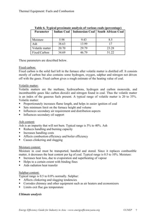 Thermal Equipment: Fuels and Combustion
Energy Efficiency Guide for Industry in Asia –www.energyefficiencyasia.org ©UNEP 7
Table 6. Typical proximate analysis of various coals (percentage)
Parameter Indian Coal Indonesian Coal South African Coal
Moisture 5.98 9.43 8.5
Ash 38.63 13.99 17
Volatile matter 20.70 29.79 23.28
Fixed Carbon 34.69 46.79 51.22
These parameters are described below.
Fixed carbon:
Fixed carbon is the solid fuel left in the furnace after volatile matter is distilled off. It consists
mostly of carbon but also contains some hydrogen, oxygen, sulphur and nitrogen not driven
off with the gases. Fixed carbon gives a rough estimate of the heating value of coal.
Volatile matter:
Volatile matters are the methane, hydrocarbons, hydrogen and carbon monoxide, and
incombustible gases like carbon dioxide and nitrogen found in coal. Thus the volatile matter
is an index of the gaseous fuels present. A typical range of volatile matter is 20 to 35%.
Volatile matter:
§ Proportionately increases flame length, and helps in easier ignition of coal
§ Sets minimum limit on the furnace height and volume
§ Influences secondary air requirement and distribution aspects
§ Influences secondary oil support
Ash content:
Ash is an impurity that will not burn. Typical range is 5% to 40%. Ash
§ Reduces handling and burning capacity
§ Increases handling costs
§ Affects combustion efficiency and boiler efficiency
§ Causes clinkering and slagging
Moisture content:
Moisture in coal must be transported, handled and stored. Since it replaces combustible
matter, it decreases the heat content per kg of coal. Typical range is 0.5 to 10%. Moisture:
§ Increases heat loss, due to evaporation and superheating of vapour
§ Helps to a certain extent with binding fines
§ Aids radiation heat transfer
Sulphur content:
Typical range is 0.5 to 0.8% normally. Sulphur:
§ Affects clinkering and slagging tendencies
§ Corrodes chimney and other equipment such as air heaters and economizers
§ Limits exit flue gas temperature
Ultimate analysis
 