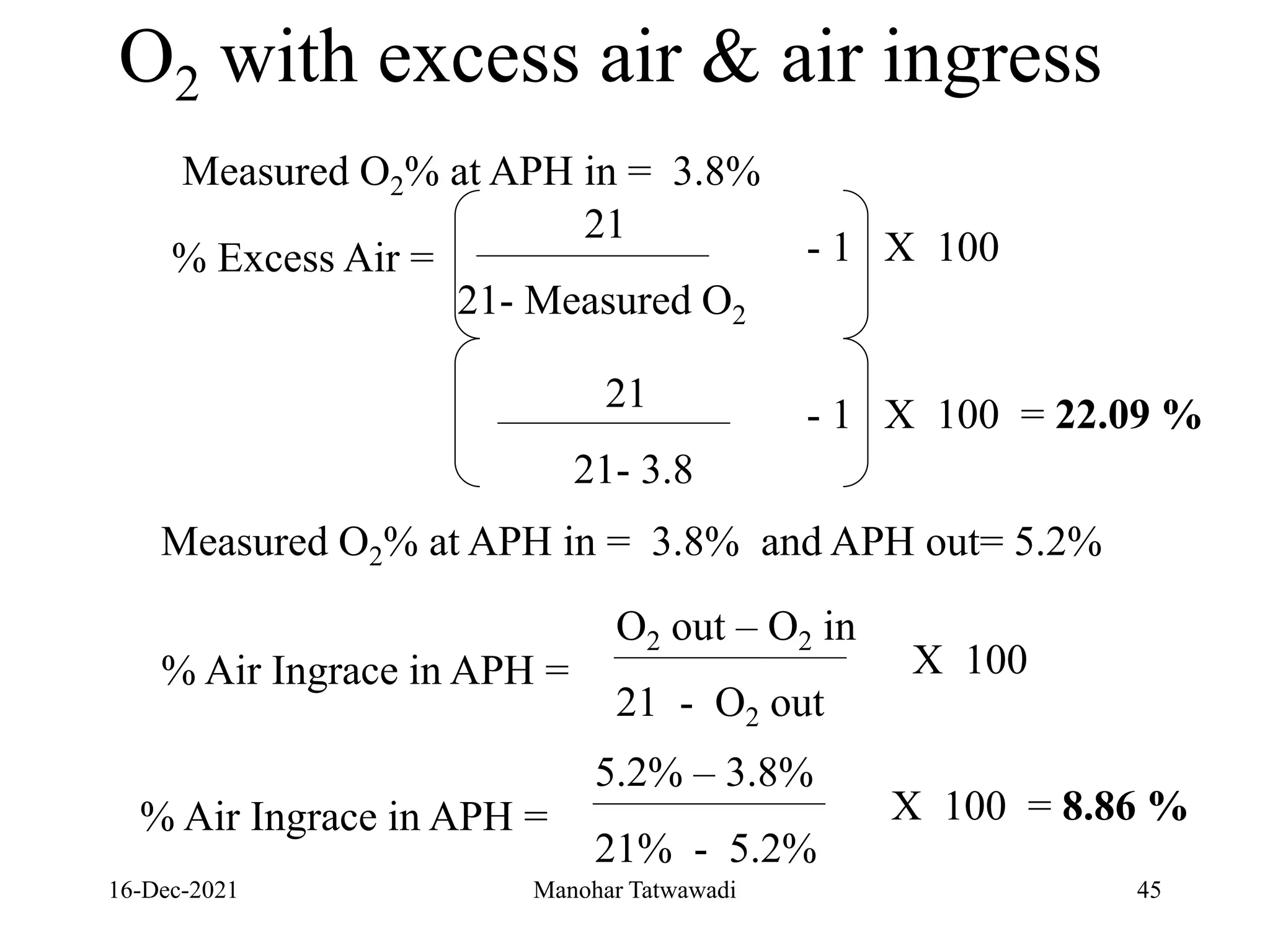 16-Dec-2021
O2 with excess air & air ingress
Measured O2% at APH in = 3.8%
% Excess Air =
21
21- Measured O2
- 1 X 100
21
21- 3.8
- 1 X 100 = 22.09 %
% Air Ingrace in APH =
Measured O2% at APH in = 3.8% and APH out= 5.2%
O2 out – O2 in
21 - O2 out
X 100
% Air Ingrace in APH =
5.2% – 3.8%
21% - 5.2%
X 100 = 8.86 %
45
Manohar Tatwawadi
 