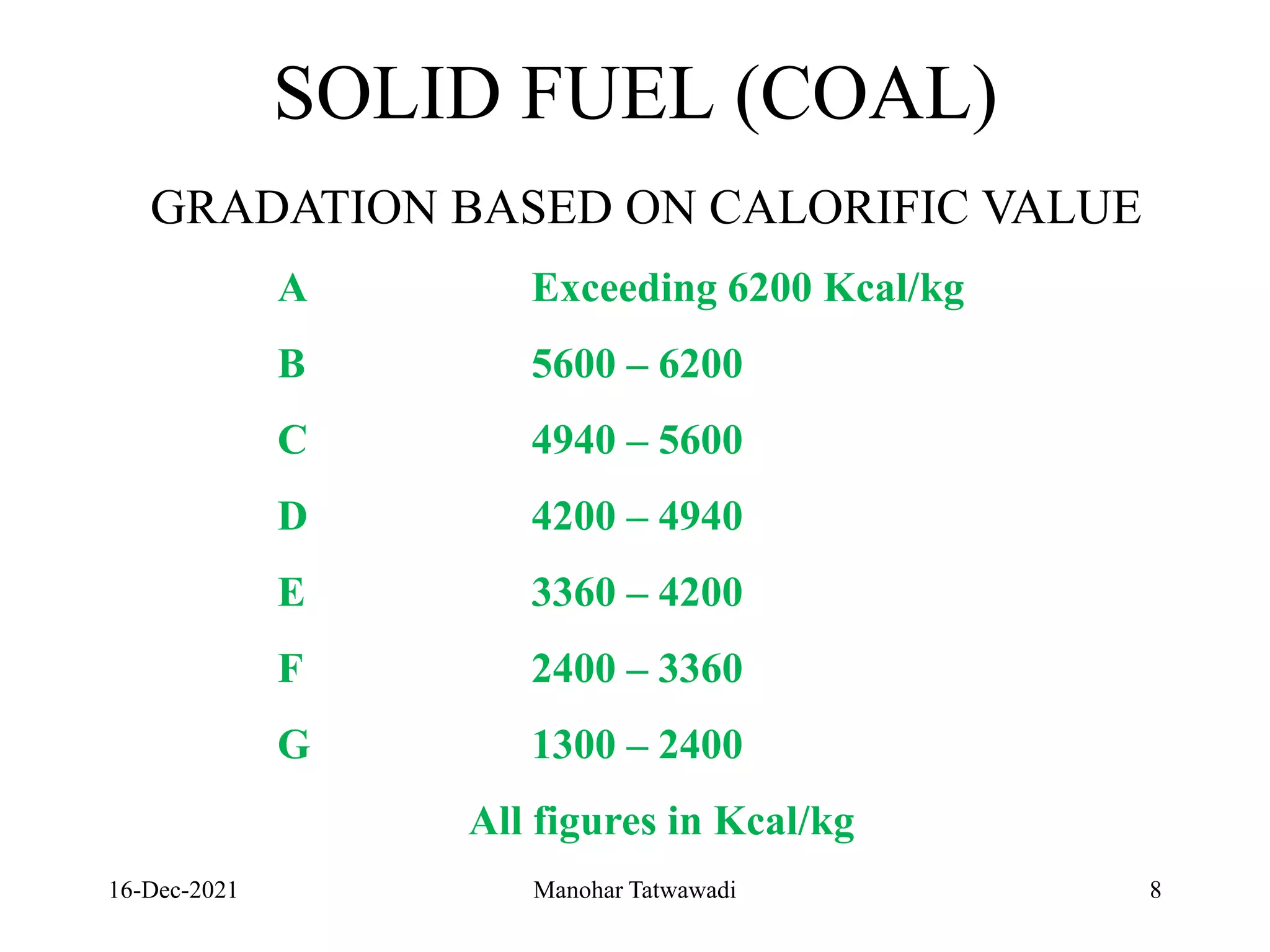 16-Dec-2021
SOLID FUEL (COAL)
GRADATION BASED ON CALORIFIC VALUE
A Exceeding 6200 Kcal/kg
B 5600 – 6200
C 4940 – 5600
D 4200 – 4940
E 3360 – 4200
F 2400 – 3360
G 1300 – 2400
All figures in Kcal/kg
8
Manohar Tatwawadi
 
