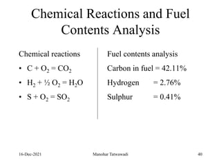 Chemical Reactions and Fuel
Contents Analysis
Chemical reactions Fuel contents analysis
• C + O2 = CO2 Carbon in fuel = 42.11%
• H2 + ½ O2 = H2O Hydrogen = 2.76%
• S + O2 = SO2 Sulphur = 0.41%
16-Dec-2021 Manohar Tatwawadi 40
 