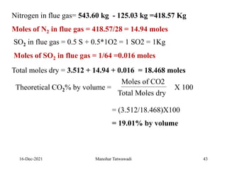 16-Dec-2021
Nitrogen in flue gas= 543.60 kg - 125.03 kg =418.57 Kg
Moles of N2 in flue gas = 418.57/28 = 14.94 moles
SO2 in flue gas = 0.5 S + 0.5*1O2 = 1 SO2 = 1Kg
Moles of SO2 in flue gas = 1/64 =0.016 moles
Total moles dry = 3.512 + 14.94 + 0.016 = 18.468 moles
Theoretical CO2% by volume =
Moles of CO2
Total Moles dry
X 100
= (3.512/18.468)X100
= 19.01% by volume
43
Manohar Tatwawadi
 