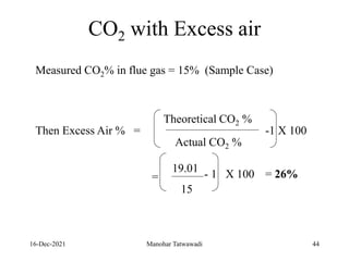 16-Dec-2021
CO2 with Excess air
Measured CO2% in flue gas = 15% (Sample Case)
Theoretical CO2 %
Actual CO2 %
Then Excess Air % = -1 X 100
19.01
15
- 1 X 100
= = 26%
44
Manohar Tatwawadi
 