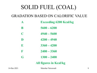 16-Dec-2021
SOLID FUEL (COAL)
GRADATION BASED ON CALORIFIC VALUE
A Exceeding 6200 Kcal/kg
B 5600 – 6200
C 4940 – 5600
D 4200 – 4940
E 3360 – 4200
F 2400 – 3360
G 1300 – 2400
All figures in Kcal/kg
8
Manohar Tatwawadi
 