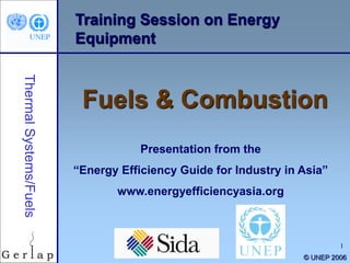 1
Training Session on Energy
Equipment
Fuels & Combustion
Presentation from the
“Energy Efficiency Guide for Industry in Asia”
www.energyefficiencyasia.org
© UNEP 2006
 