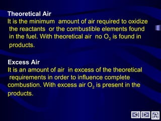 Theoretical Air
It is the minimum amount of air required to oxidize
the reactants or the combustible elements found
in the fuel. With theoretical air no O2 is found in
products.
Excess Air
It is an amount of air in excess of the theoretical
requirements in order to influence complete
combustion. With excess air O2 is present in the
products.
 