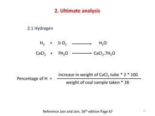 Percentage of H =
increase in weight of CaCl2 tube * 2 * 100
weight of coal sample taken * 18
2. Ultimate analysis
Referen...