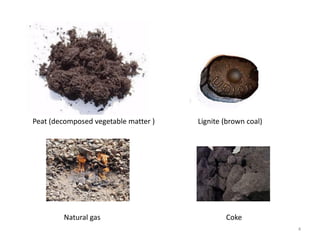 Peat (decomposed vegetable matter ) Lignite (brown coal)
Natural gas Coke
4
 