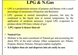 LPG & N.Gas
• LPG is a predominant mixture of propane and Butane with a small
percentage of unsaturates (Propylene and Butylene)
• LPG -gaseous at normal atmospheric pressure, but may be
condensed to the liquid state at normal temperature, by the
application of moderate pressures. Liquid LPG evaporates to
produce about 250 times volume of gas.
• LPG vapour is denser than air
• Natural Gas
• Methane is the main constituent of Natural gas and accounting for
about 95% of the total volume. Other components are: Ethane,
Propane, Butane, Pentane, Nitrogen.sulphur negligible.
• It is lighter than air and disperses into air easily in case
 